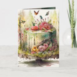 Cartão Birthday Card with fabulous cake in the forest