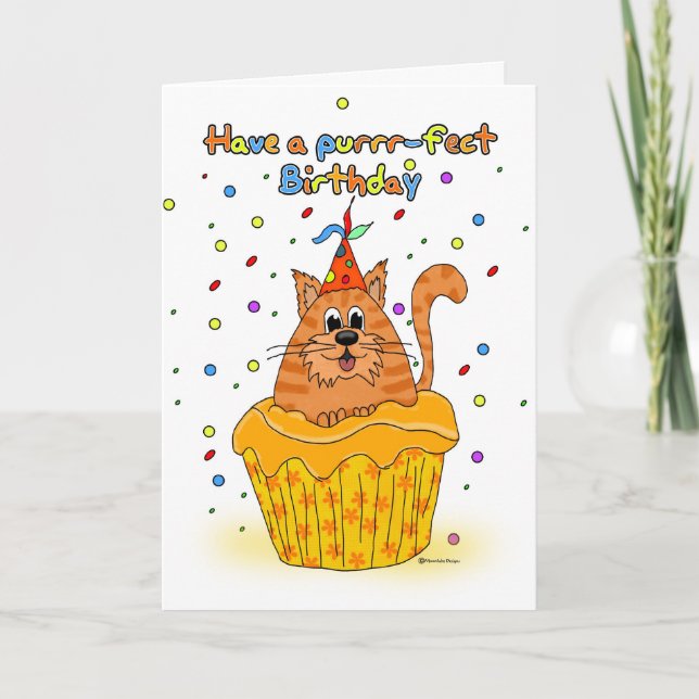 Cartão birthday card with ginger cupcake cat - have a pur (Frente)
