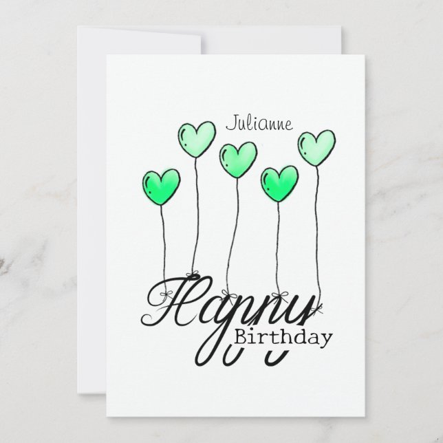 Cartão Birthday Card With Green Heart Balloons And Name (Frente)