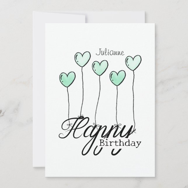 Cartão Birthday Card With Mint Heart Balloons And Name (Frente)