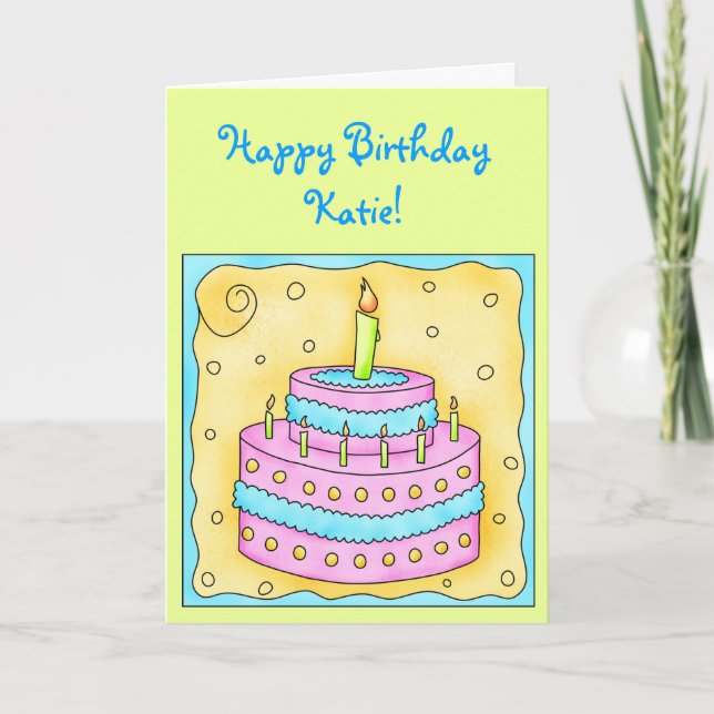 Cartão Birthday Card with Pink and Turquoise Cake (Frente)