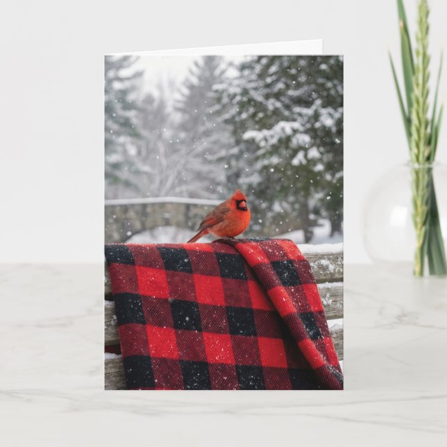 Cartão Birthday Cardinal On a Buffalo Plaid Blanket (Frente)
