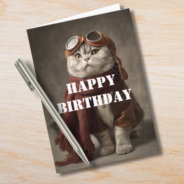 Cartão Birthday Cat Pilot Aviator Cool Funny Aviation (Criador carregado)