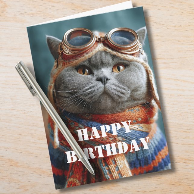 Cartão Birthday Cat Pilot Aviator Cool Funny Aviation (Criador carregado)