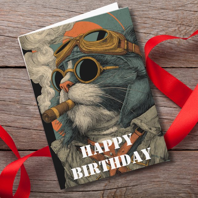 Cartão Birthday Cat Pilot  Funny Aviator Cool Aviation (Criador carregado)