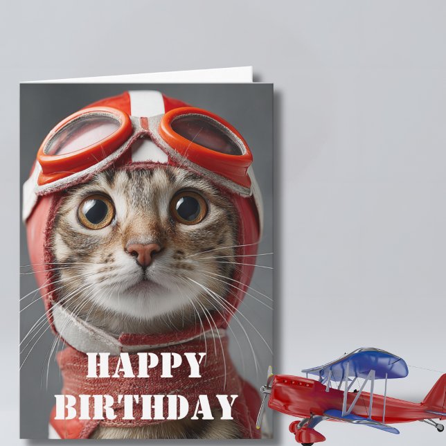 Cartão Birthday Cat Pilot  Funny Aviator Cool Aviation (Criador carregado)