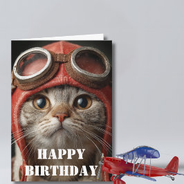 Cartão Birthday Cat Pilot  Funny Aviator Cool Aviation