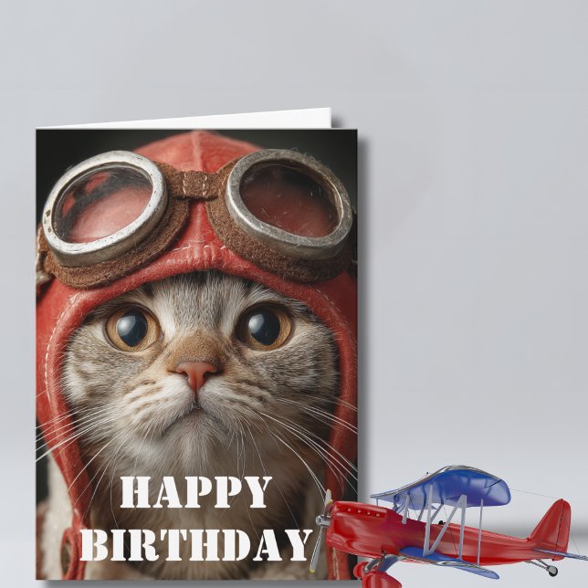 Cartão Birthday Cat Pilot  Funny Aviator Cool Aviation (Criador carregado)