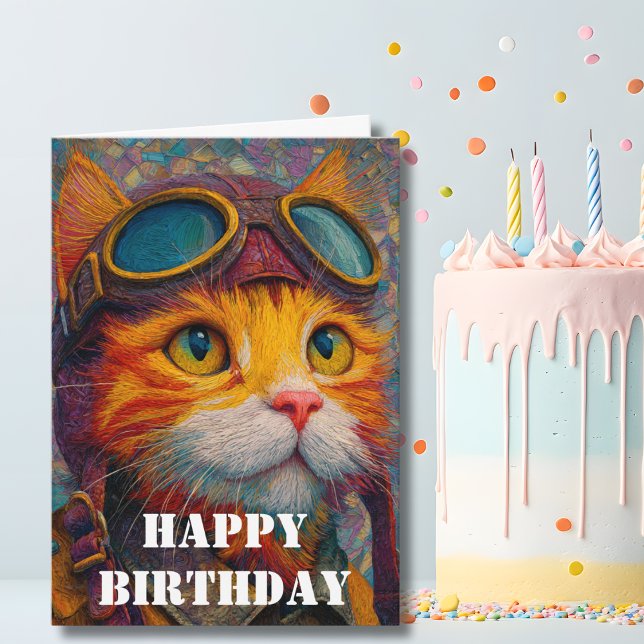 Cartão Birthday Cat Pilot  Funny Aviator Cool Aviation (Criador carregado)