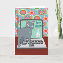 Cartão Birthday Cat Typing on Laptop
