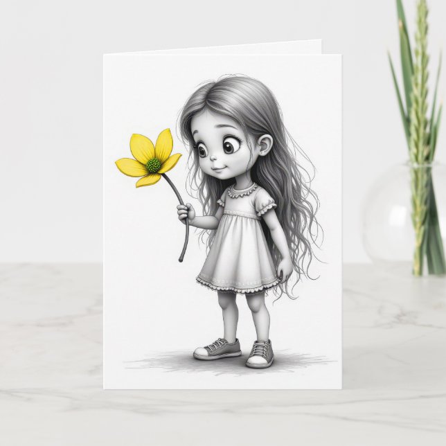 Cartão Birthday Chibi Child Com Flor Amarelo (Frente)