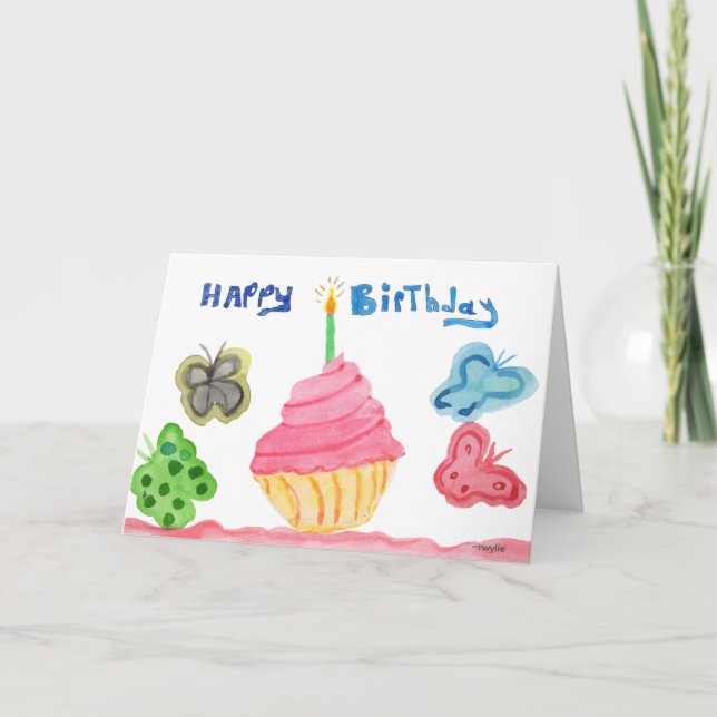 Cartão Birthday Cupcake and Butterflies (Frente)