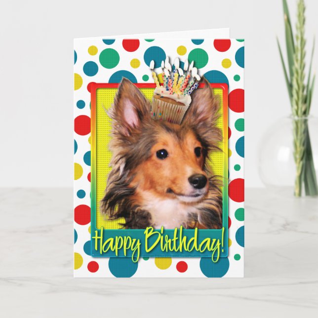 Cartão Birthday Cupcake - Sheltie Puppy - Cooper (Frente)