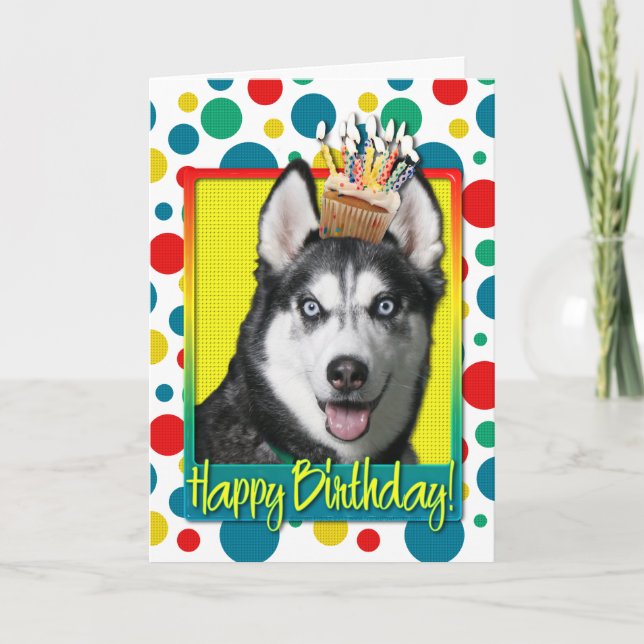 Cartão Birthday Cupcake - Siberian Husky (Frente)