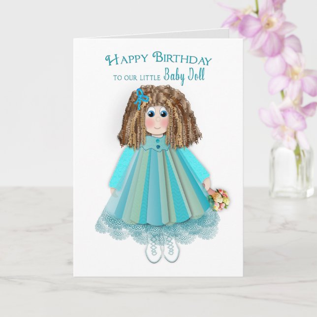 Cartão Birthday, Daughter, Baby Doll Curly Hair and Dress (Orquídea)