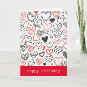 Cartão Birthday doodle hearts red and black hipster