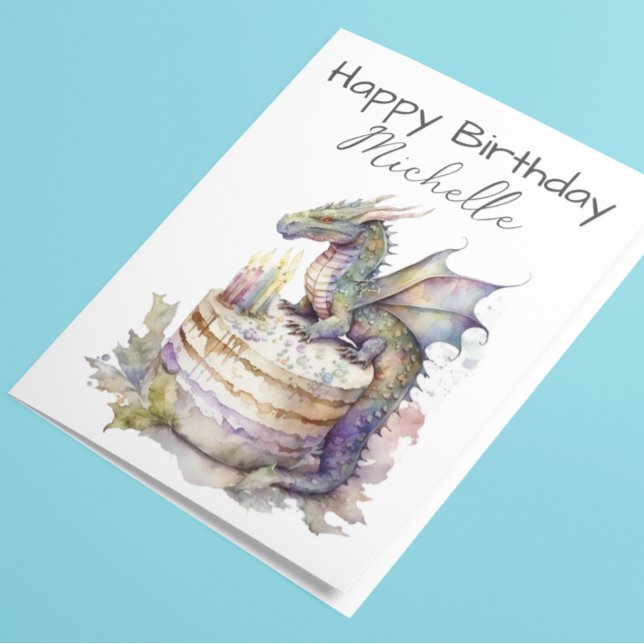 Cartão Birthday Dragon Cake Personalizado Watercolor (Criador carregado)