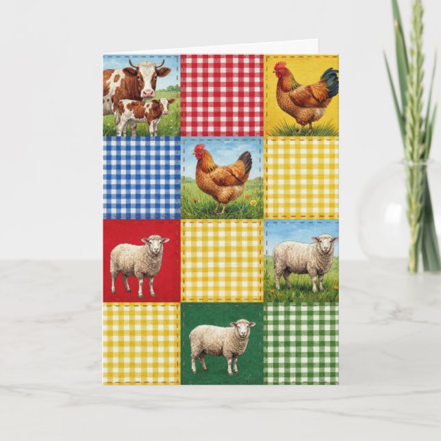 Cartão Birthday Farm Animals and Gingham Patchwork Quilt (Frente)