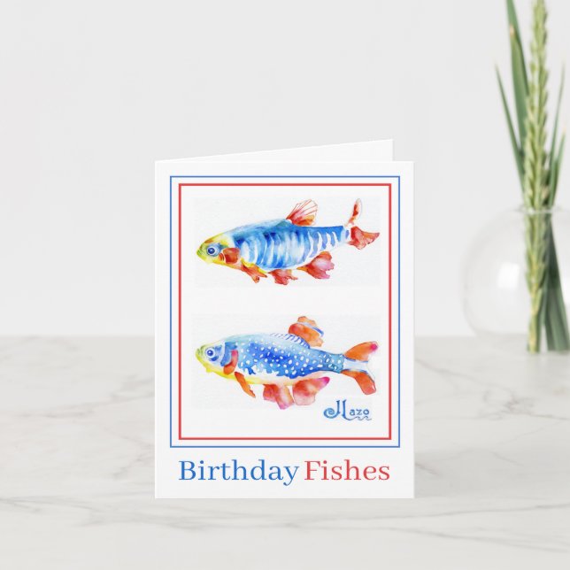 Cartão Birthday Fishes 4x5.6 Folheto, aquarela (Frente)