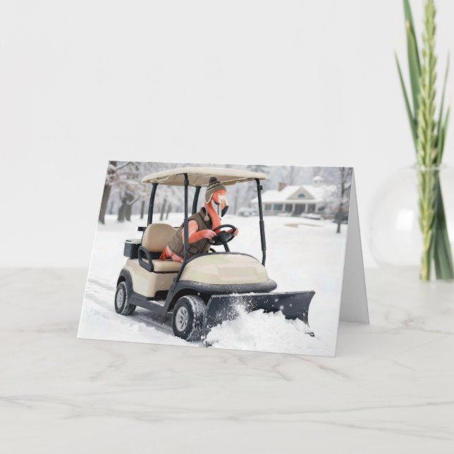 Cartão Birthday Flamingo Driving Golf Cart With Snowplow (Frente)