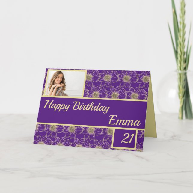 Cartão Birthday Floral Dourado roxo (Frente)