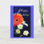 Cartão Birthday Flower bouquet<br><div class="desc">Original photography- orange gerbera daisy and yellow flowers on blue background. "Happy birthday,  Wishing you all the beautiful things in life that you deserve" Photography by Maria Santos (Lusinhas do Sul)</div>