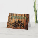 Cartão Birthday for Nonno, Tools and Wood<br><div class="desc">Birthday greeting card for a nonno / grandpa. Card features a faux woodburned design of tools and hardware on a wood looking background. Digital art image created with photographs and digital elements to create a woodburned look. Letters look like they have been stained a blue-green color. Art, image, and verse...</div>