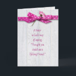 Cartão Birthday for Sister<br><div class="desc">Pink polka dot bow and flower on rustic barn wood for sister's birthday.</div>