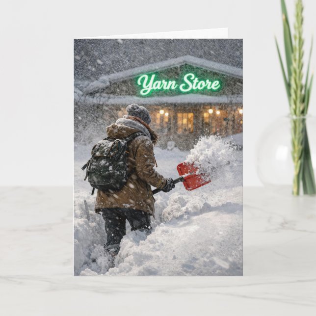Cartão Birthday Girl Shoveling Snow to a Yarn Store (Frente)