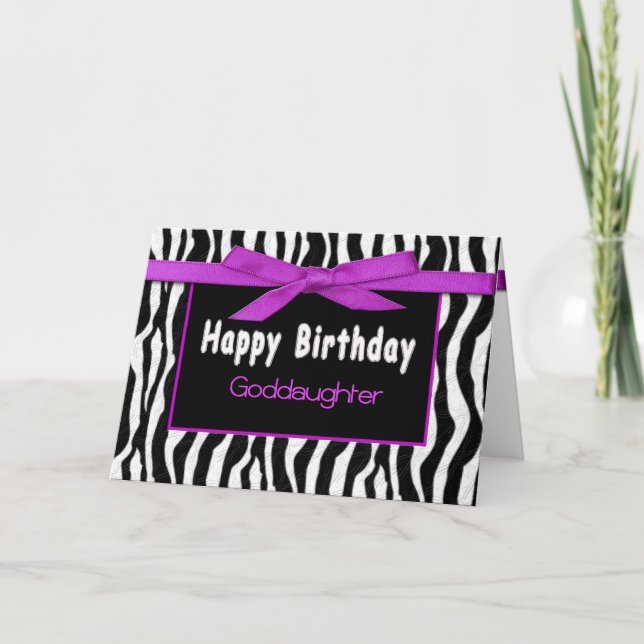 Cartão Birthday, Goddaughter, ZEBRA,  FUSCHIA BOW (Frente)