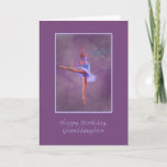 Cartão Birthday, Granddaughter, Ballerina in Arabesque<br><div class="desc">A little ballerina in a colorful costume of blue and light purple strikes an arabesque position on this birthday card for a granddaughter. The background is various muted shades of purple and the card has a wide purple border. A colorful butterfly hovers in the top right of the image. The...</div>