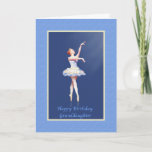 Cartão Birthday, Granddaughter, Ballerina On Pointe<br><div class="desc">A ballerina in her blue, white, and pink costume holds a perfect on pointe position in this ballet themed image made for wishing a granddaughter a happy birthday. A spotlight shines on the ballerina's face and a she wears a tiara in her red hair. The background is a dark blue...</div>