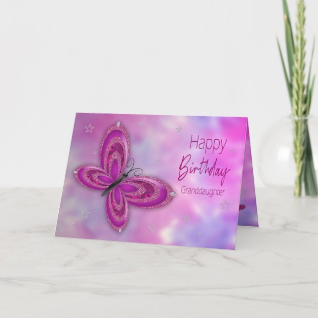 Cartão Birthday , Granddaughter, Pink Glitzy Butterfly (Frente)