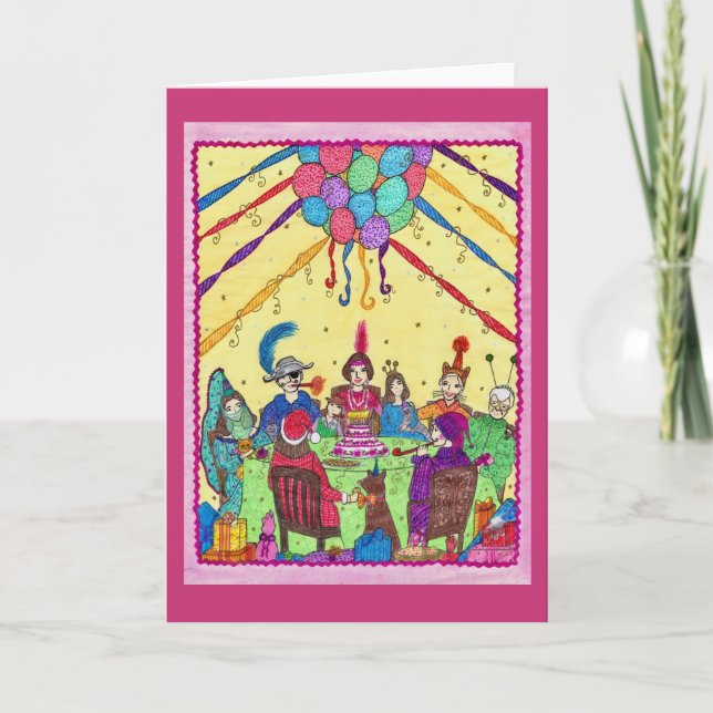 Cartão Birthday Greeting Card, costumes, dog, cake, party (Frente)