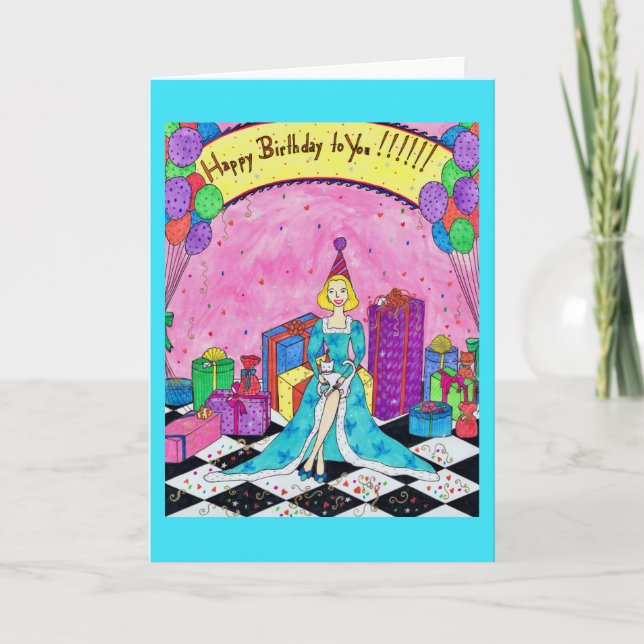 Cartão Birthday Greeting Card with Woman, Presents, Cats (Frente)