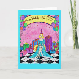 Cartão Birthday Greeting Card with Woman, Presents, Cats