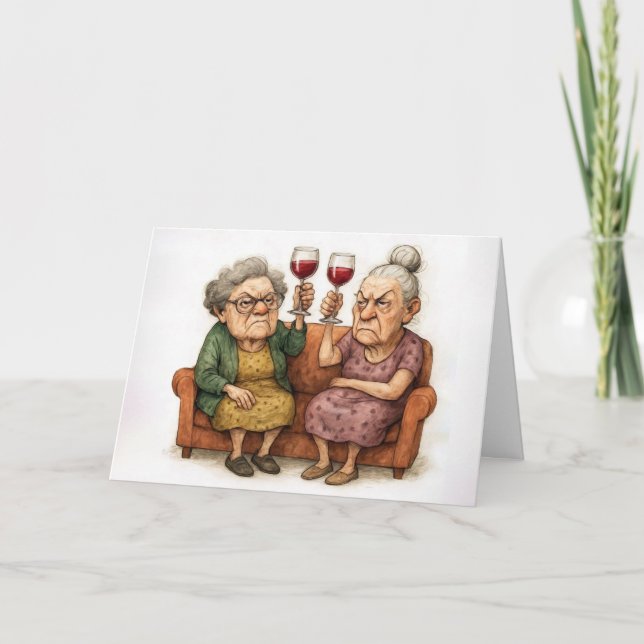 Cartão Birthday Grumpy Old Ladies With Red Wine (Frente)