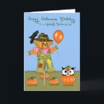 Cartão Birthday Halloween Brother-in-Law Greeting Cards<br><div class="desc">Wish your Brother-in-Law a Happy Halloween Birthday with an adorable owl standing in a pumpkin patch next to a cute scarecrow holding an orange balloon with a crow perched. Design by Laurie Schneider/Elements by Digital Design by Elena/Nini Scrap</div>
