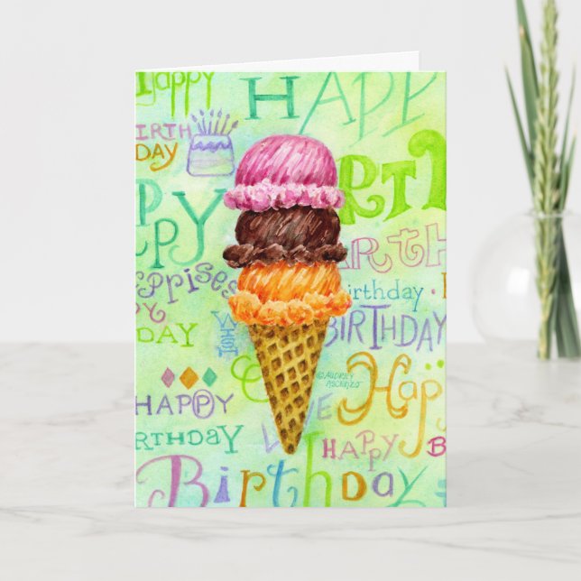 Cartão Birthday Ice Cream Cone Three Scoops I (Frente)