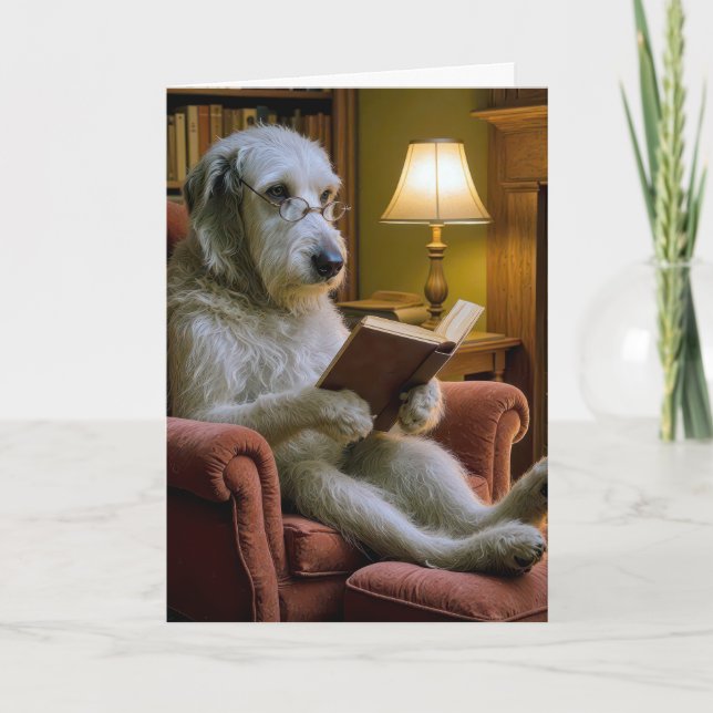 Cartão Birthday Irish Wolfhound Dog Reading a Book  (Frente)