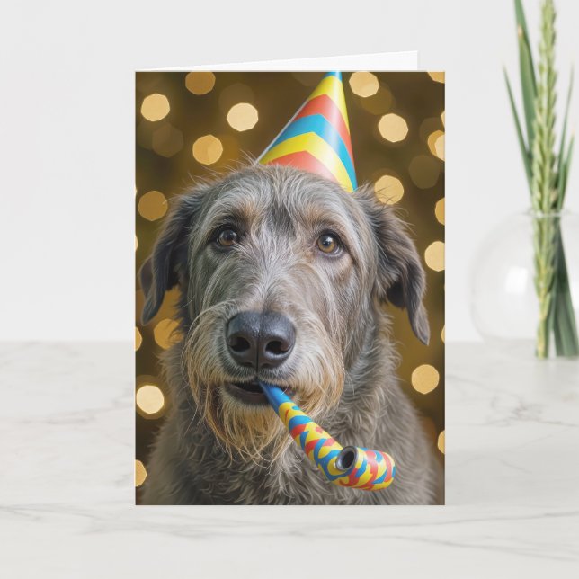 Cartão Birthday Irish Wolfhound with Party Hat (Frente)
