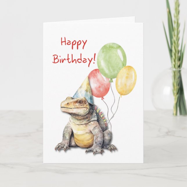 Cartão Birthday Komodo Dragon Lizard Party Hat Balloons (Frente)