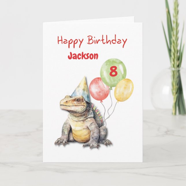 Cartão Birthday Komodo Dragon Lizard Party Hat Balloons (Frente)