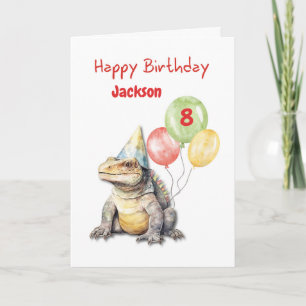 Cartão Birthday Komodo Dragon Lizard Party Hat Balloons