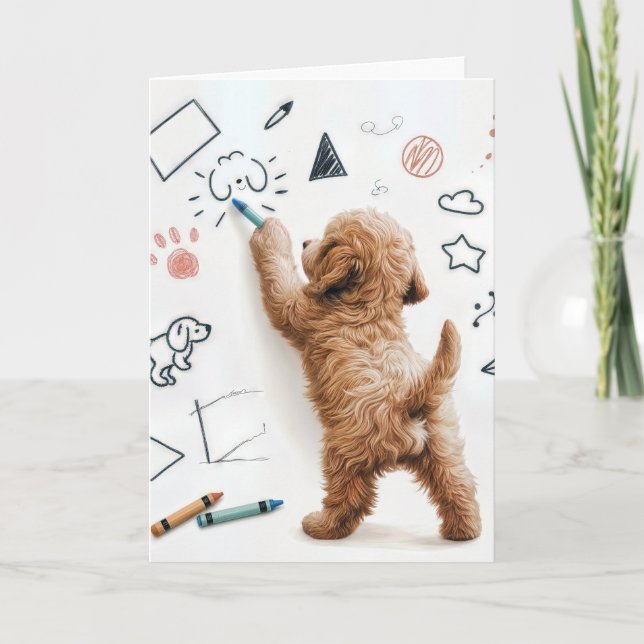 Cartão Birthday Labradoodle Doodle Com Crayons (Frente)