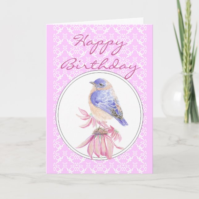 Cartão Birthday Lace & Pink, Bluebird Flower Scripture (Frente)