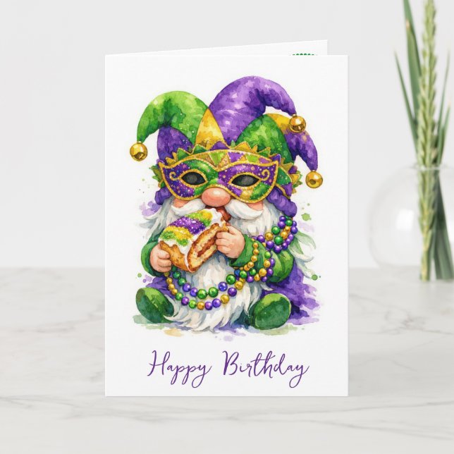 Cartão Birthday Mardi Gras Gnome Eating King Cake (Frente)