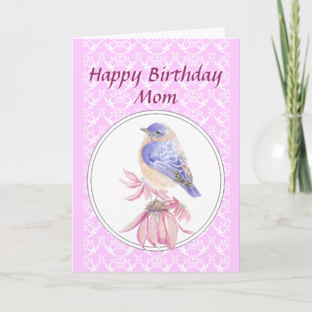 Cartão Birthday Mom, Lace, Bluebird Flower Garden (Frente)