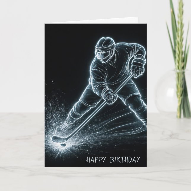 Cartão Birthday Neon Hockey Player On Ice (Frente)