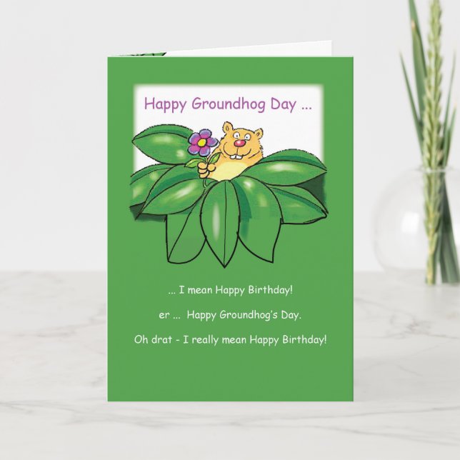 Cartão Birthday on Groundhog Day with Flowers Green (Frente)
